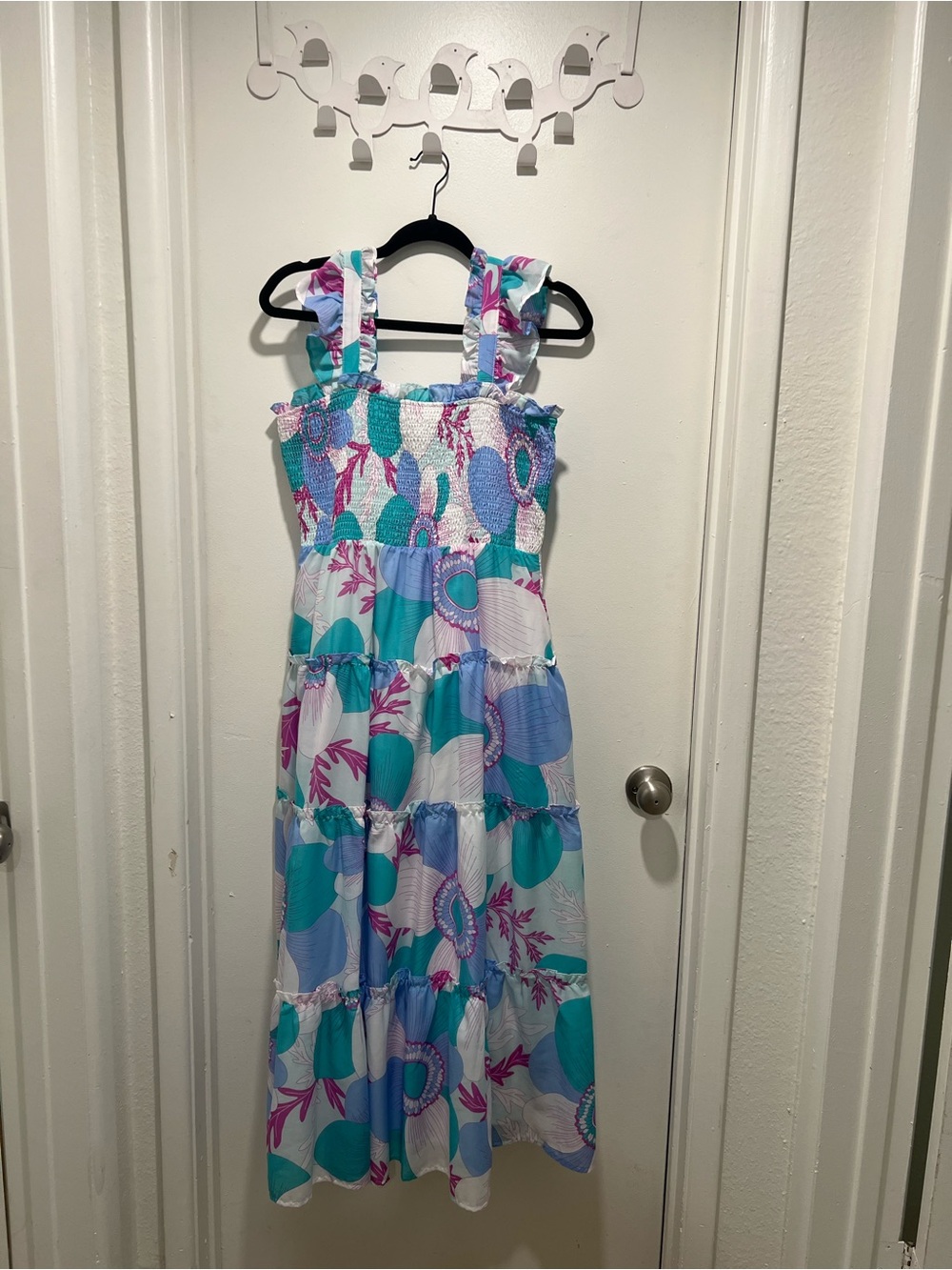 Smocked Tiered Maxi Dress in Teal, Lavender & White